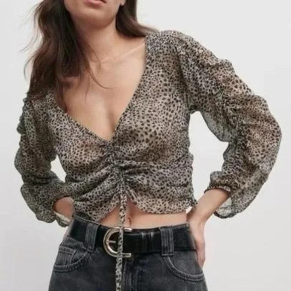 Zara Blouse Size Large Sheer Leopard Print Cropped V-Neck Ruched Side Zip #1356 - Picture 1 of 10